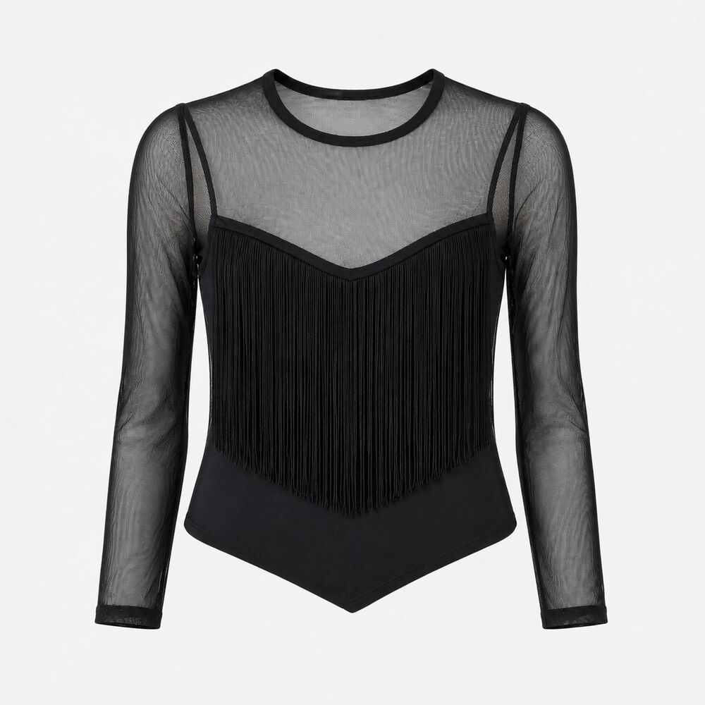 Moa Moa Rock Concert Festival Fringe Top Womens M Black Mesh Goth Long Sleeve
